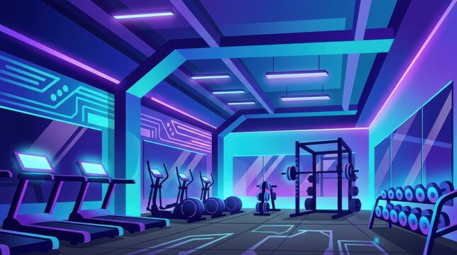 Futuristic gym interior with neon lighting, modern exercise equipment including treadmills and weights, digital fitness environment for virtual training and workout concepts