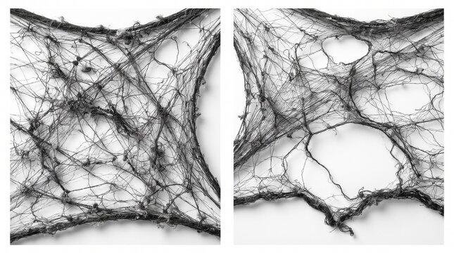 Set of two creepy black cobweb textures and torn fibrous mesh for Halloween isolated on white background
