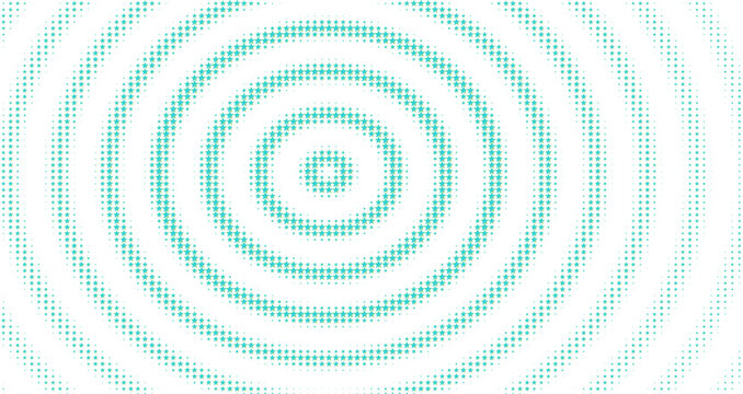 Concentric circular rings of teal and green pixels creating a ripple effect against a solid black background, with digital dot texture