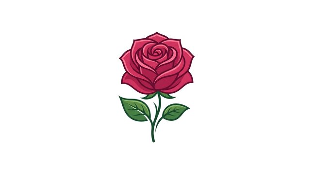 Beautiful red rose flower vector illustration with green leaves, detailed blooming rosebud icon isolated on a clean white background