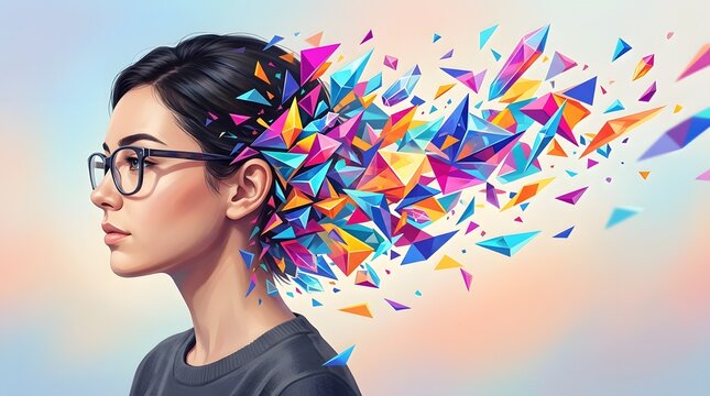Profile of woman's head with colorful abstract geometric shards exploding outwards.