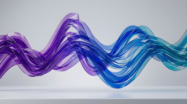 Abstract flowing waves of purple and blue translucent ribbons creating a dynamic undulating form for digital art or graphic design backgrounds.
