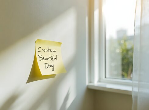 Yellow sticky note with positive affirmation on indoor window sill