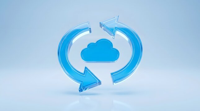 Blue glass cloud icon with circular arrows for cloud synchronization and automated data backup tasks.