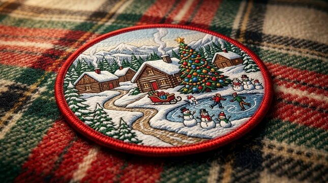 Round Christmas village embroidered patch on plaid fabric