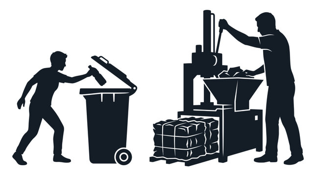 Recycling process: person disposing waste and operating compactor