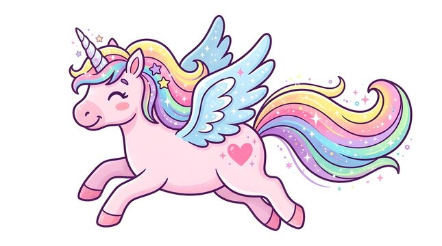 Cute cartoon unicorn with rainbow mane and wings winged unicorn fantasy creature magical creature fairy tale