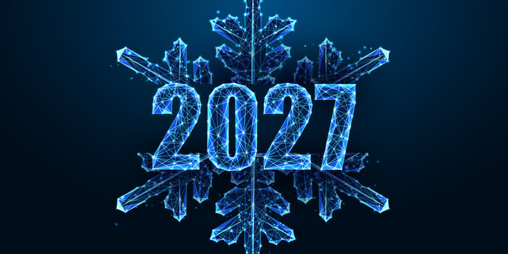2027 New Year Winter Celebration with Intricate Snowflake and Glowing Blue Typography Vector 
