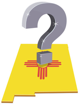 3D illustration symbolizing political doubts, future choices, and questions in New Mexico, featuring a metallic question mark on the state map with Zia sun symbol (cut out)
