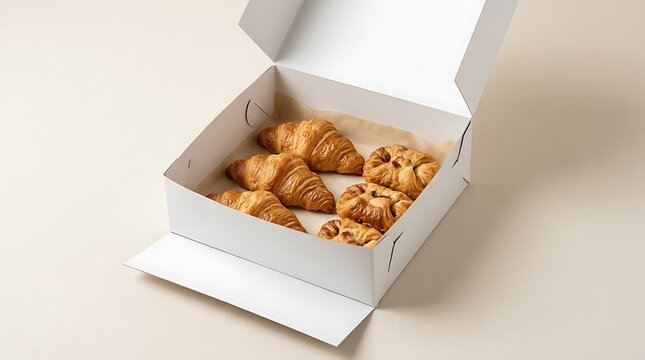 Fresh buttery croissants and danish pastries inside an open paper delivery box. bakery box mockup