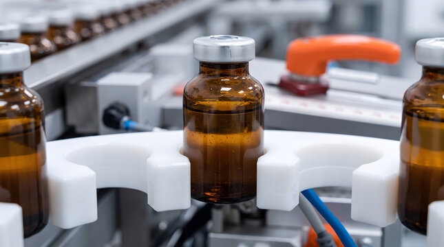 Sterile pharmaceutical glass vial production line in a modern medicine manufacturing cleanroom facility