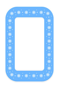 Winter snowflake frame on blue background with copy space. Vertical Christmas border template with empty center. Vector illustration, isolated on white.