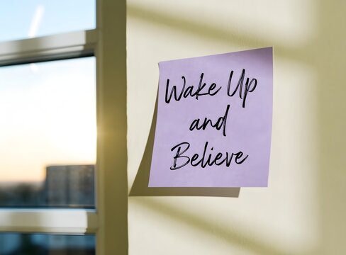 Motivational sticky note saying wake up and believe on wall