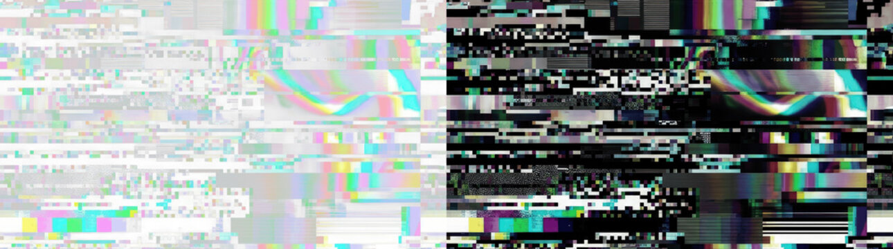 Digital glitch background with holographic light leak and pixelated noise. Abstract data corruption pattern, modern tech visual for UI design, social media banner, web backgrounds and creative
