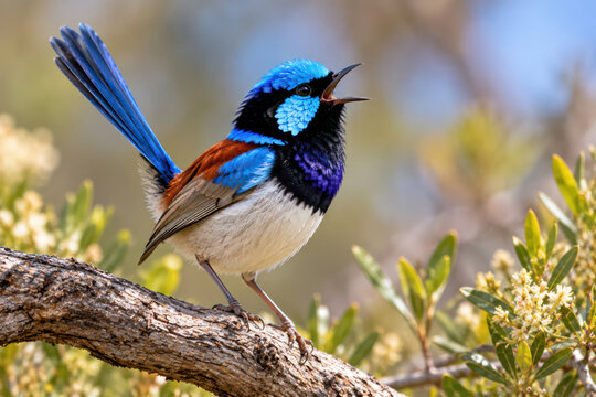 Splendid Fairywren Male Singing on Branch in Australian Bushland