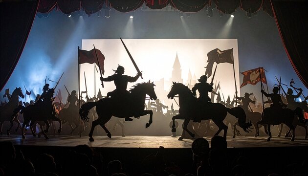 Epic medieval warriors fighting with swords as shadow puppets 