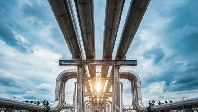 Industrial metal pipeline infrastructure at a chemical refinery plant under a cloudy blue sky with pipeline