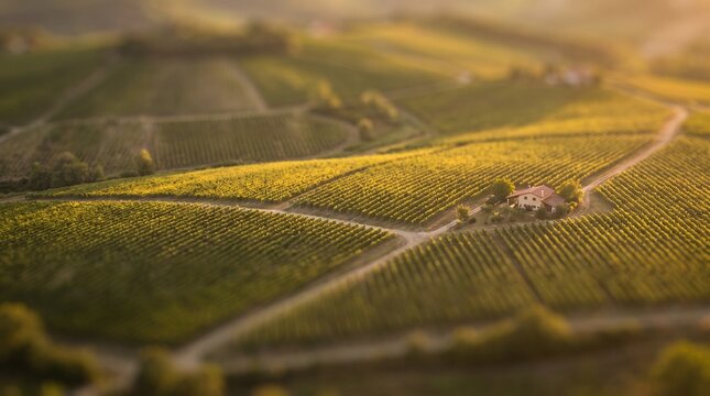 Tilt-shift aerial drone photography of rolling vineyard rows and a cozy farmhouse in a rural Italian countryside at sunset