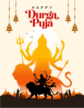 Celebrate Durga Puja 2026 with this vector illustration featuring Goddess Durga's golden silhouette, lion mount, hanging bells, and traditional festive typography for banners and greeting designs.
