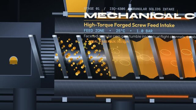 4K animation of the industrial extrusion cooking process showing mechanical conveying, compression, starch gelatinization, die restriction, and explosive flashing for food production