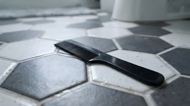 A black comb is lying on a black and white hexagonal tile floor in a bathroom. The scene shows the flooring and the comb's placement in the room