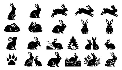 Fototapeta premium Rabbit Icons Set with Various Poses, Actions, and Paw Prints