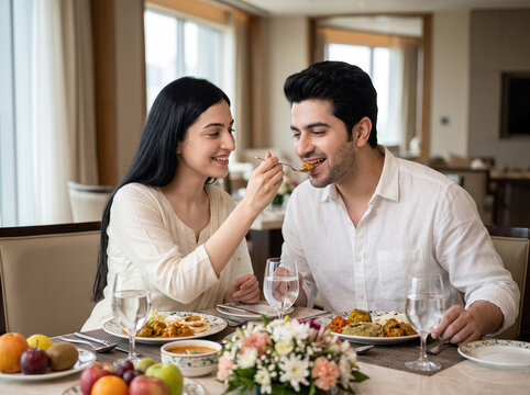 Indian Woman Feeding Husband During Romantic Dinner at Luxury Hotel