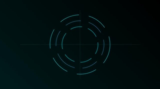 Futuristic HUD circle interface animation with glowing blue concentric rings and target crosshairs on dark background for sci-fi user experience display and tech graphic overlay element design