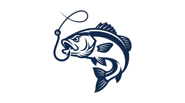 Vector illustration of a largemouth bass fish jumping out of the water with a fishing hook in its mouth, isolated on a white background