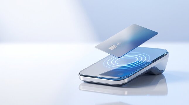 Contactless NFC Credit Card Payment over Sleek POS Terminal Screen, Minimalist Modern Fintech Mockup