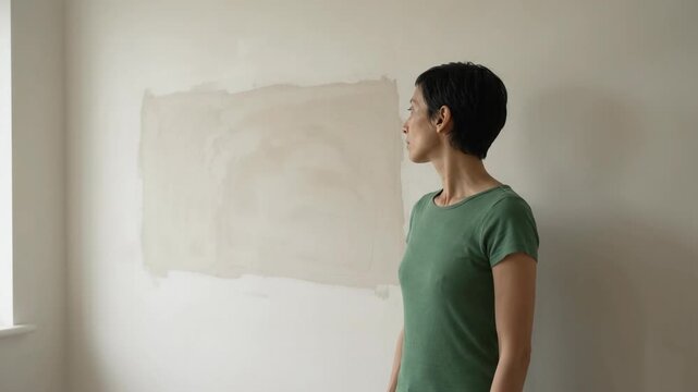 Woman Inspecting a Newly Patched Section of a White Wall