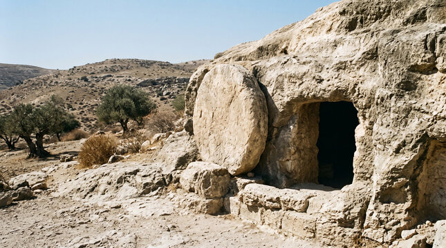 Ancient stone tomb entrance with rolled away stone in sunlit desolate landscape, concept of Resurrection, empty tomb, Easter, Good Friday and spiritual hope