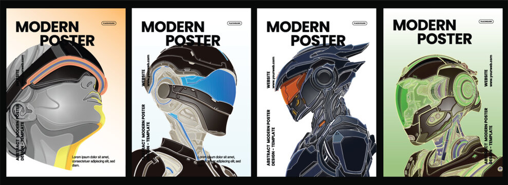 Futuristic robotic figures and cybernetic humans depicted in a set of four modern vertical poster templates featuring vibrant neon accents and detailed vector graphic illustrations