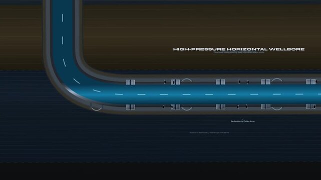 Detailed educational animation explaining the process of hydraulic fracturing or fracking, showing horizontal drilling, high pressure fluid propagation, proppant insertion, and hydrocarbon liberation