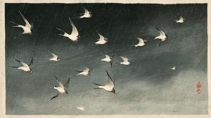 Obraz premium Japanese woodblock art, a flock of white swallows flying across a rainy sky, minimalist and poetic