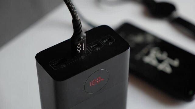 Connecting a USB Type-A cable to a power bank. Modern black portable power banks charging a smartphone. Concept of modern gadgets and technology. Backup power, electricity, energy storage, blackout.