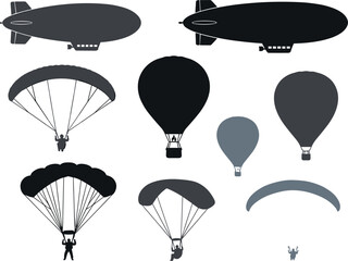 Vector silhouette set of hot air balloons zeppelins blimps and parachutes isolated on a clean white background, © Moksadul