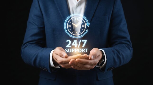 Businessman holding a glowing 24 7 customer support icon representing constant availability and professional service in business