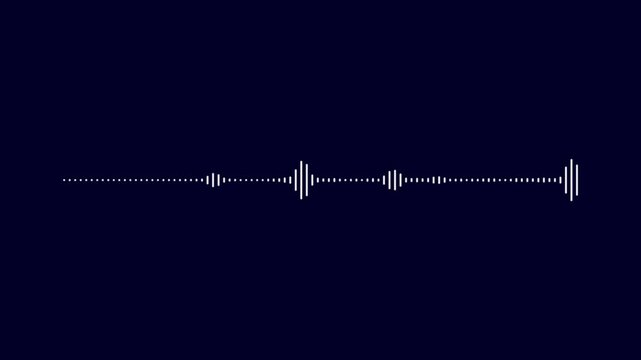 White digital audio waveform animation on a dark blue background representing sound frequency and voice recording fluctuations for music visualization and technology concepts