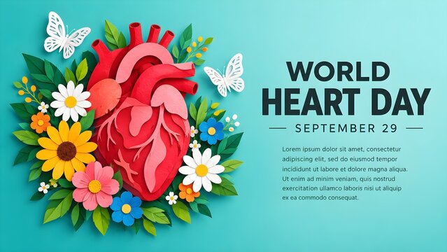 World Heart Day concept, beautiful flowers, leaves, and butterflies decorate the human heart, paper illustration, and 3d paper.