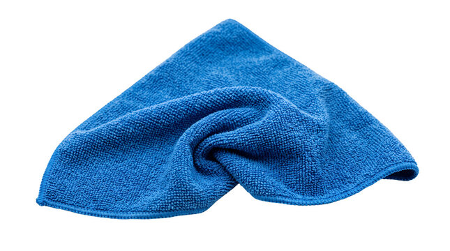 A single blue microfiber cleaning cloth isolated on a clean white background