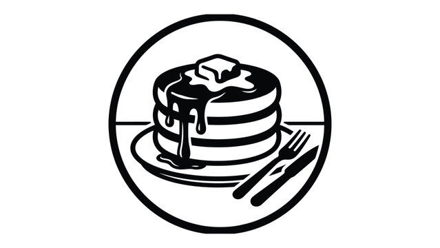 Pancake stack with melting butter and syrup circle frame vector icon on white background created for breakfast cafe logos and diner menu decorations