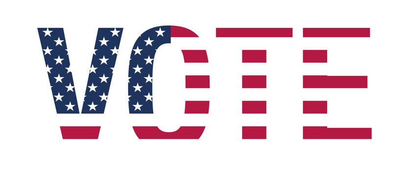 Patriotic word VOTE stylized with American flag stars and stripes graphics on transparent or white background for USA election promo