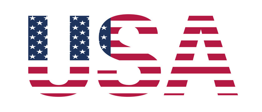 Patriotic word USA stylized with American flag stars and stripes graphics on transparent or white background for national holidays
