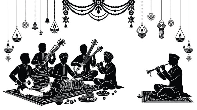 Traditional indian musicians playing classical instruments in silhouette vector graphic for cultural events and festival celebrations