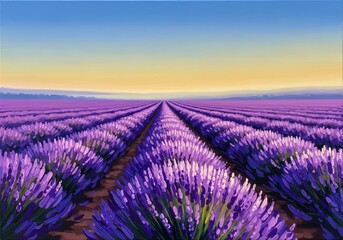 Obraz premium Vibrant lavender rows stretch toward a golden horizon as soft sunlight illuminates purple blooms under a hazy dawn sky in an abstract style, botanical, morning, landscape