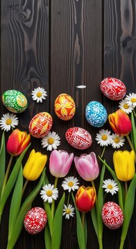 Vibrant hand-painted Easter eggs and fresh spring blossoms like tulips and daisies are scattered over a rustic dark wooden tabletop, nature, bouquet, organic