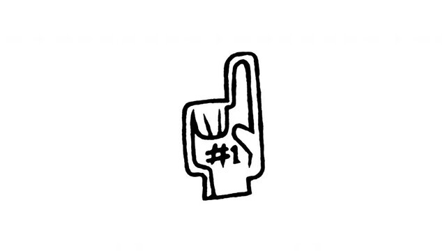 Animated doodle icon of a number one foam finger glove for sports fan cheering.