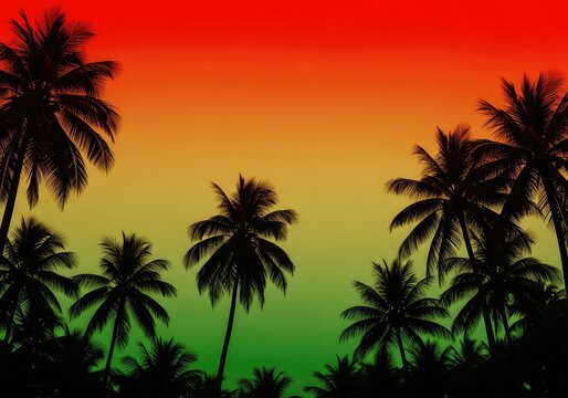 Vibrant summer background featuring black silhouettes of coconut trees against a sky glowing in iconic red, yellow, and green reggae tones, evening, colorful, vibrant