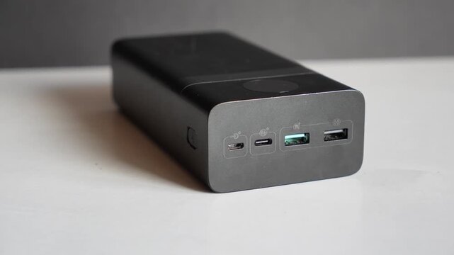 Sleek black portable power bank. Concept of modern gadgets and technology. Backup power, electricity, energy storage, blackout.